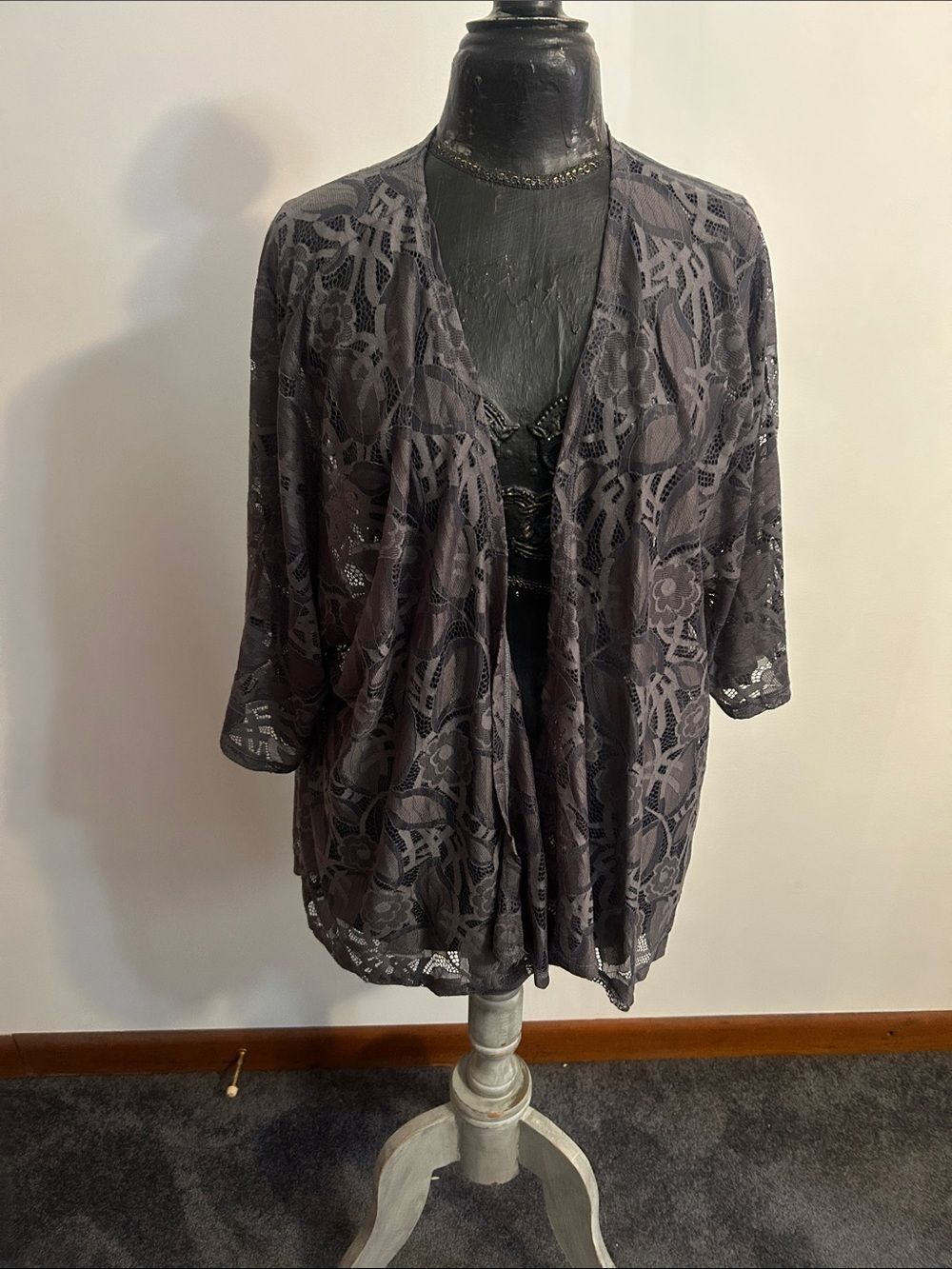 LuLaRoe Lace Open-Front Kimono Cardigan in Charcoal Gray